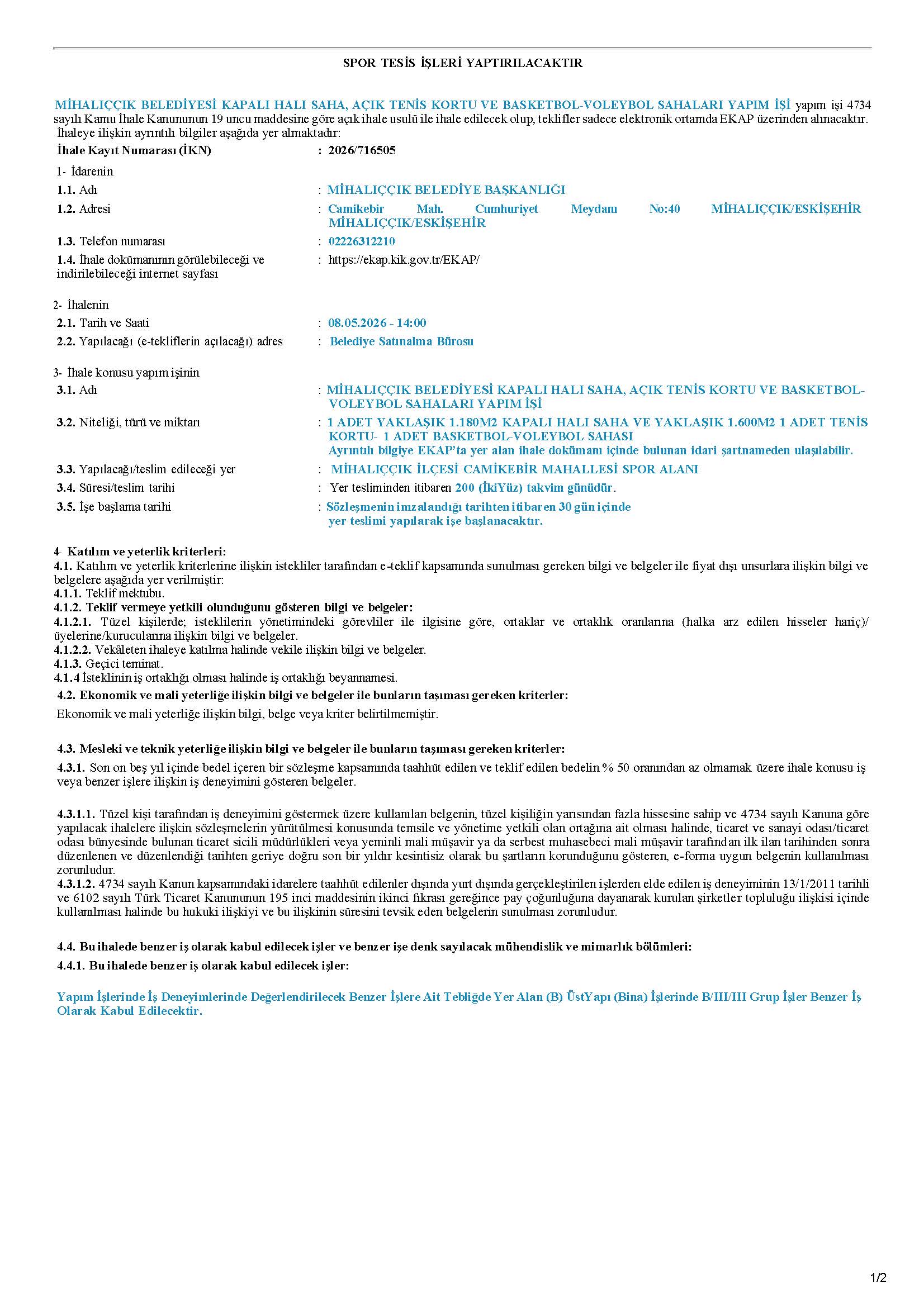 Mihalıççık Belediyesi Kapalı Halı Saha, Açık Tenis Kortu ve Basketbol- Voleybol Sahaları Yapım İşi