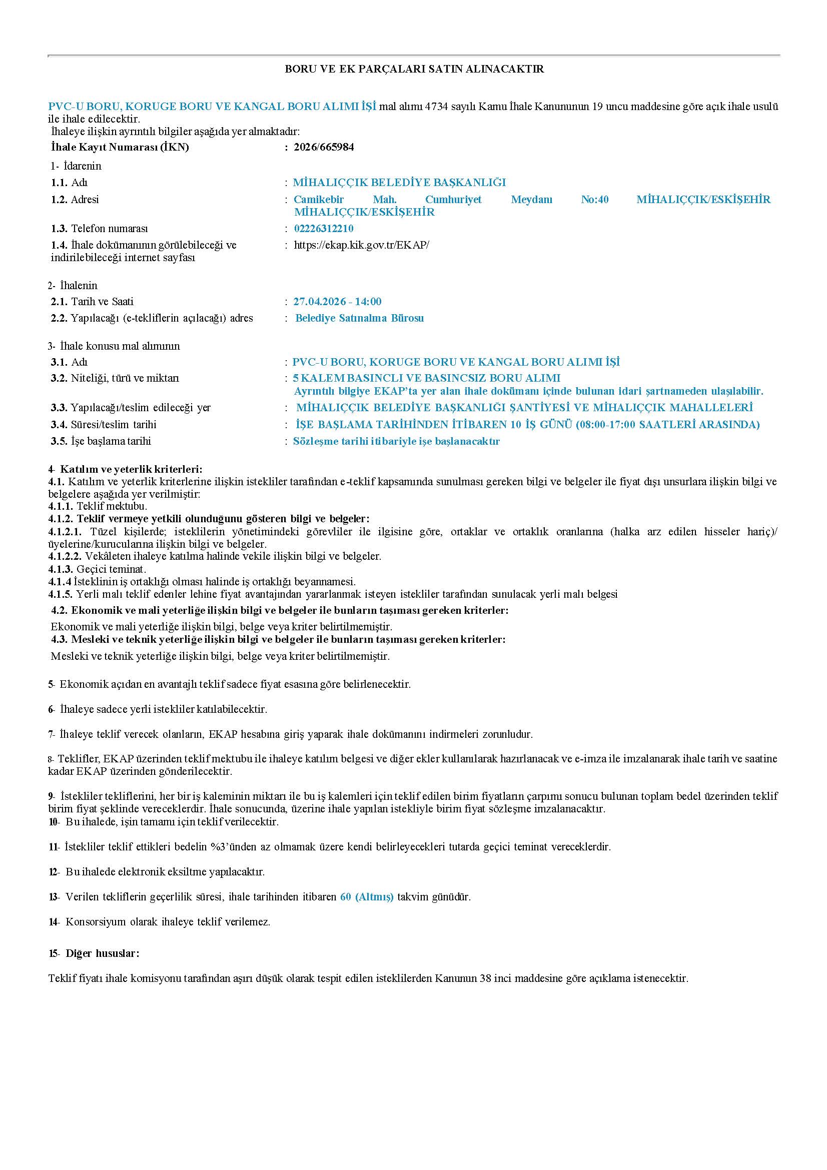 Pvc-U Boru, Koruge Boru ve Kangal Boru Alım İşi